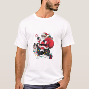 Xmas Lighting Santa Riding Collie Dog Christmas T-Shirt