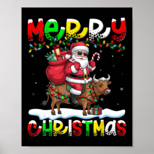 Xmas Lighting Santa Riding Cow Merry Christmas Poster