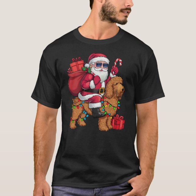Xmas Lighting Santa Riding Goldendoodle Dog Christ T-Shirt (Front)