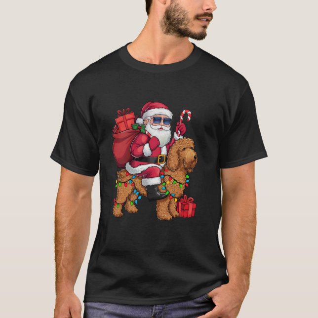 Xmas Lighting Santa Riding Goldendoodle Dog Christ T-Shirt (Front)