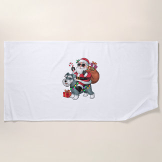 Xmas Lighting Santa Riding Miniature Schnauzer Dog Beach Towel