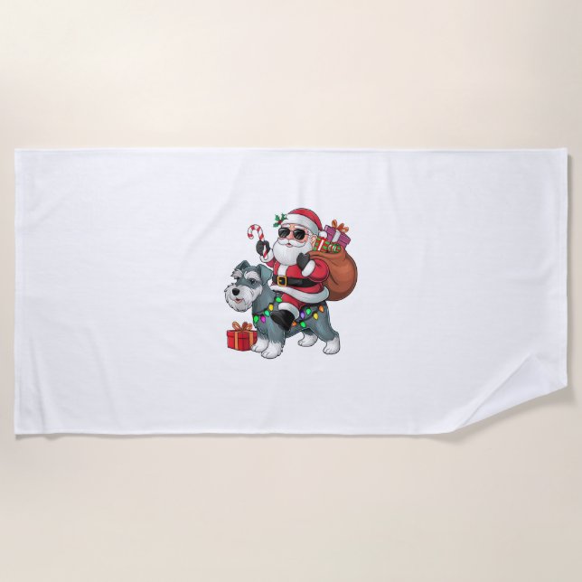Xmas Lighting Santa Riding Miniature Schnauzer Dog Beach Towel (Front)