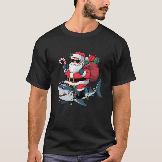 Xmas Lighting Santa Riding Shark Christmas T-Shirt (Front)