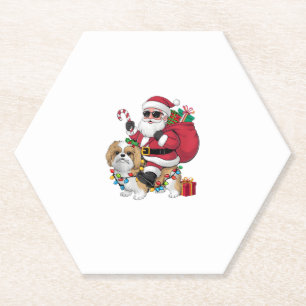 Xmas Lighting Santa Riding Shih Tzu Dog Christmas Paper Coaster
