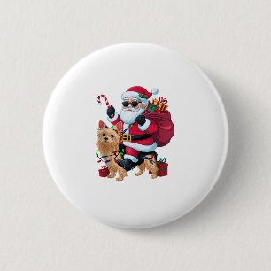 Xmas Lighting Santa Riding Yorkie Dog Christmas  6 Cm Round Badge