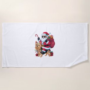 Xmas Lighting Santa Riding Yorkie Dog Christmas Beach Towel