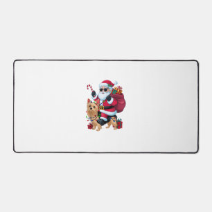 Xmas Lighting Santa Riding Yorkie Dog Christmas Desk Mat