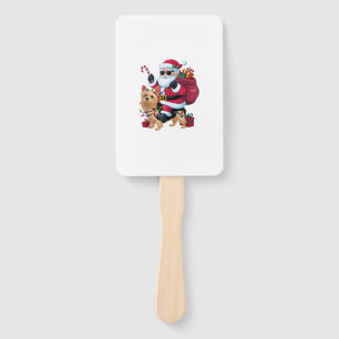 Xmas Lighting Santa Riding Yorkie Dog Christmas Hand Fan