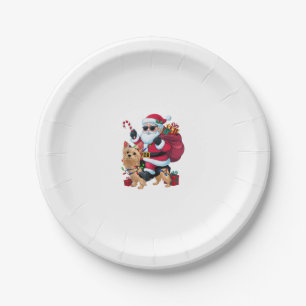 Xmas Lighting Santa Riding Yorkie Dog Christmas  Paper Plate