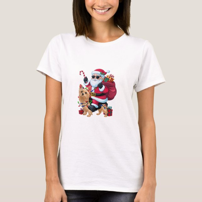 Xmas Lighting Santa Riding Yorkie Dog Christmas  T-Shirt (Front)