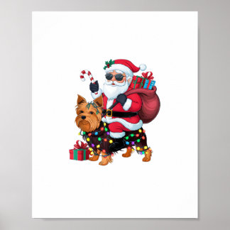 Xmas Lighting Santa Riding Yorkshire Terrier Dog C Poster