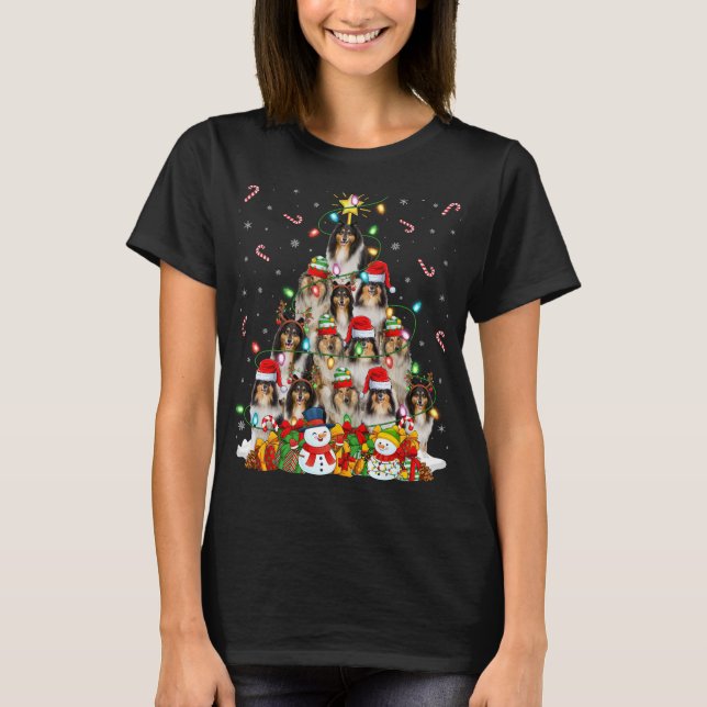 Xmas Lighting Santa Rough Collie Dog Christmas Tre T-Shirt (Front)