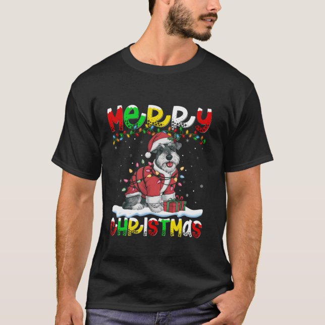 Xmas Lighting Santa Schnauzer Dog Merry Christmas T-Shirt (Front)