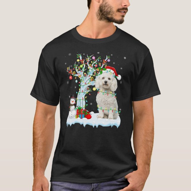 Xmas Lighting Tree Santa Hat Bichon Frise Dog Chri T-Shirt (Front)