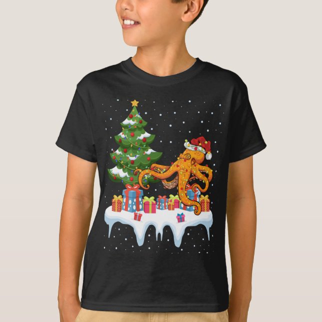 Xmas Lighting Tree Santa Hat Octopus Christmas T-Shirt (Front)