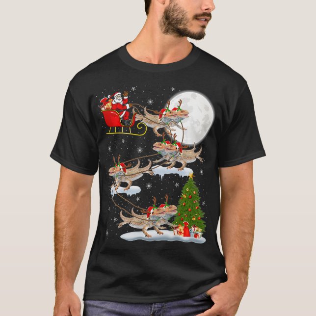 Xmas Lighting Tree Santa Riding Bearded Dragon Chr T-Shirt (Front)