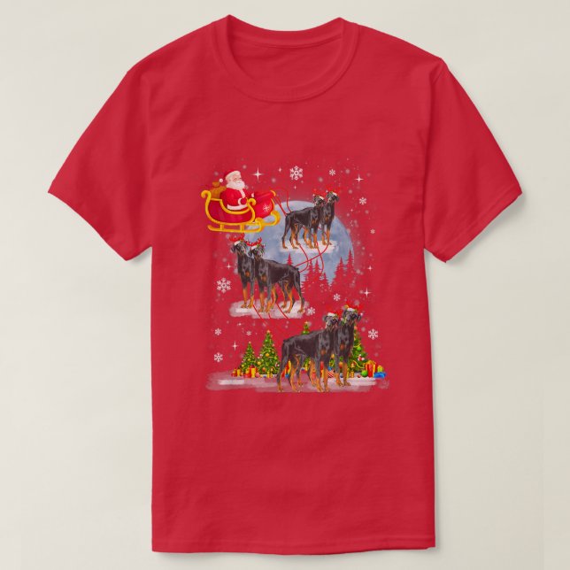 Xmas Lighting Tree Santa Riding Doberman Pinscher  T-Shirt (Design Front)
