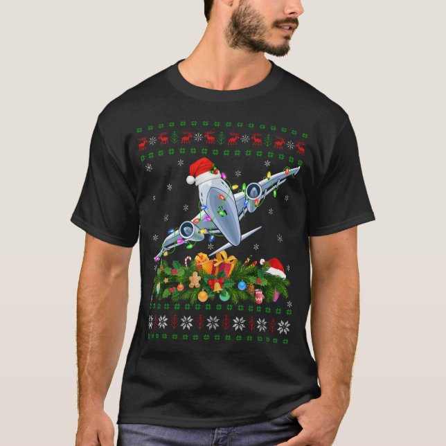  Xmas Lighting Tree Santa Ugly Aeroplane Christmas T-Shirt (Front)