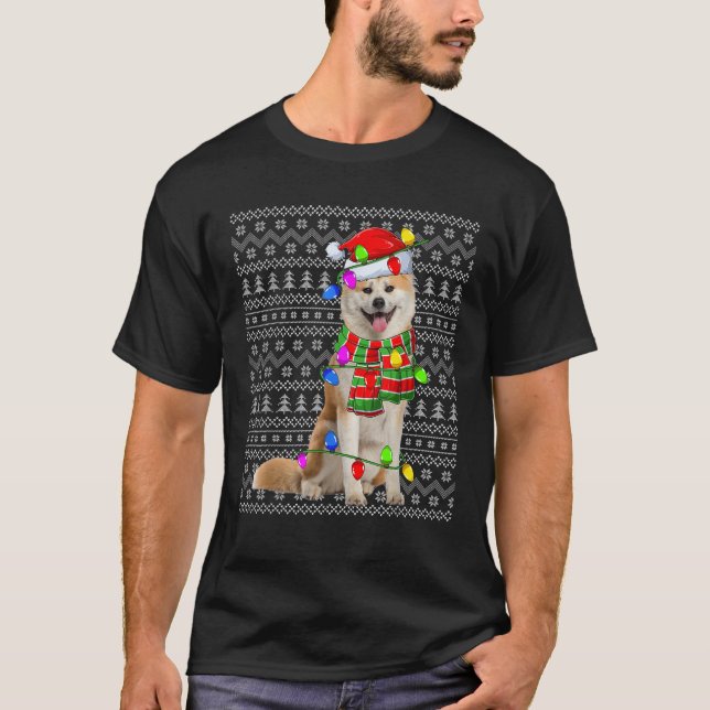 Xmas Lighting Ugly Santa Akita Dog Christmas  T-Shirt (Front)