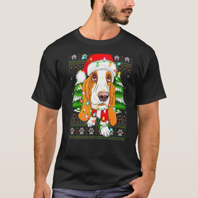Xmas Lighting Ugly Santa Basset Hound Christmas T-Shirt (Front)