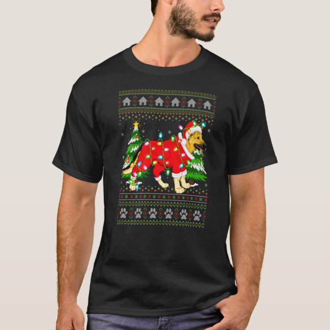Xmas Lighting Ugly Santa German Shepherd Christmas T-Shirt (Front)