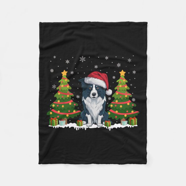 Xmas Lights Border Collie Dog Santa Hat Christmas  Fleece Blanket (Front)