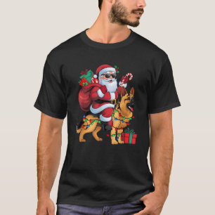 Xmas Lights Funny Santa Riding German Shepherd Dog T-Shirt