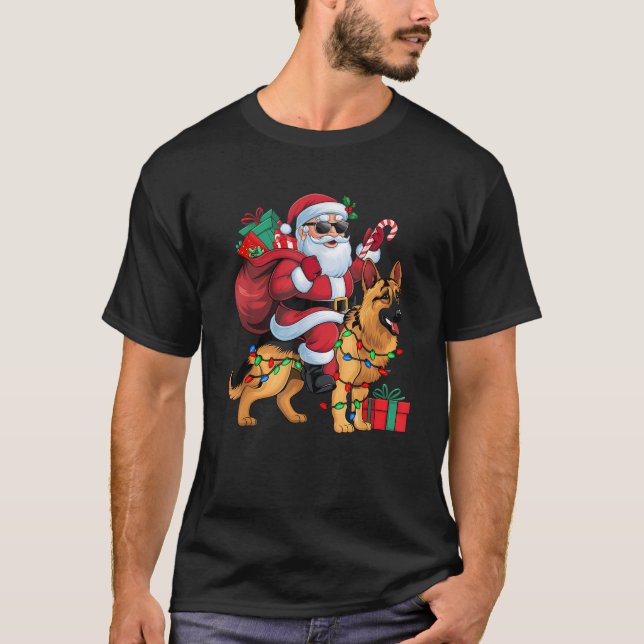 Xmas Lights Funny Santa Riding German Shepherd Dog T-Shirt (Front)