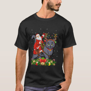 Xmas Lights Funny Santa Riding Russian Blue Cat Ch T-Shirt
