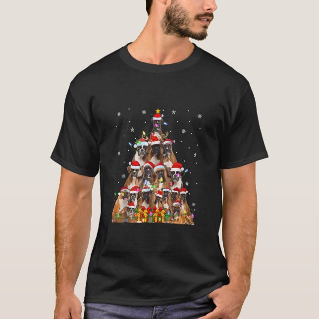 Xmas Lights Holiday Santa Boxer Dog Christmas Tree T-Shirt (Front)