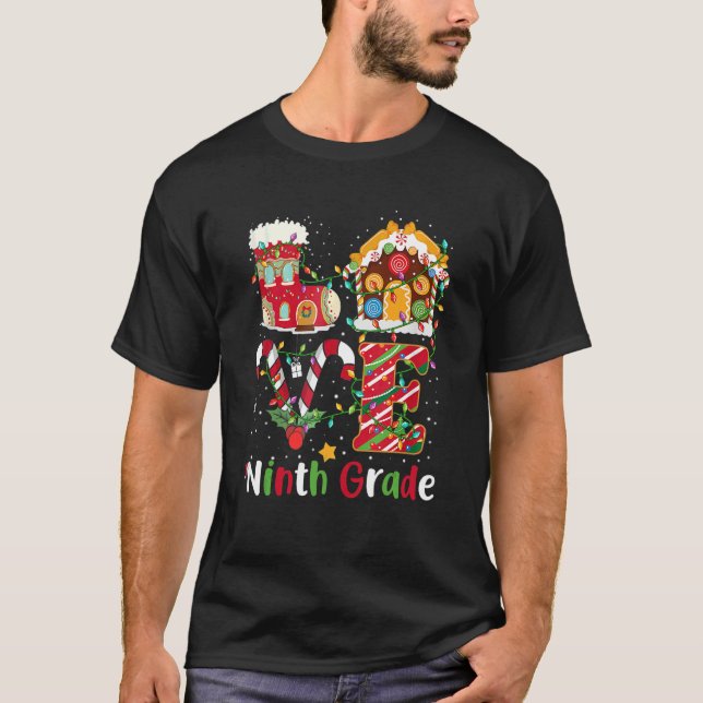 Xmas Lights Love Ninth Grade Teacher Christmas T-Shirt (Front)