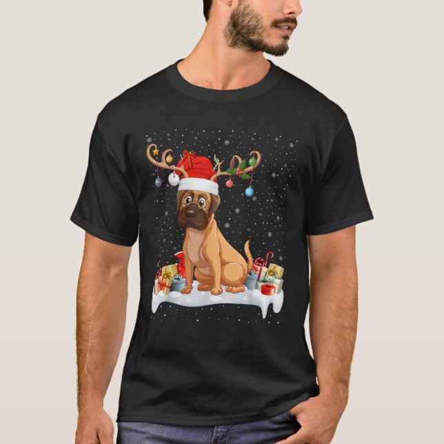 Xmas Lights Reindeer Santa Hat Bulldog Christmas  T-Shirt (Front)