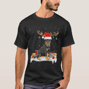 Xmas Lights Reindeer Santa Hat Rottweiler Dog Chri T-Shirt