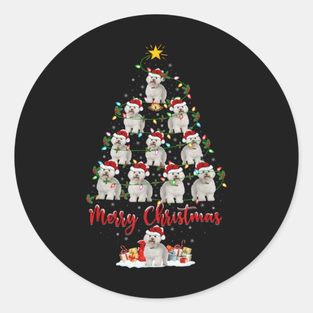 Xmas Lights Santa Bichon Frise Dog Christmas Tree  Classic Round Sticker (Front)