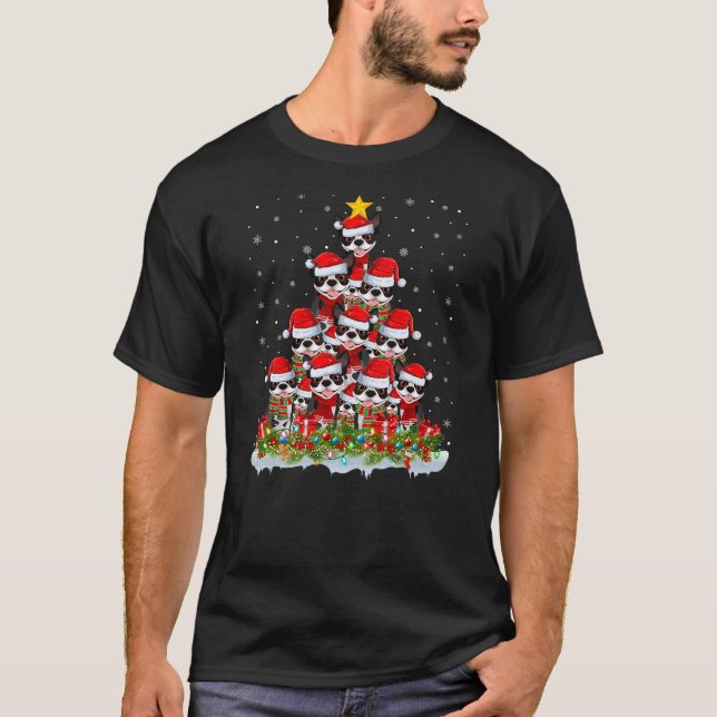 Xmas Lights Santa Boston Terrier Dog Christmas Tre T-Shirt (Front)