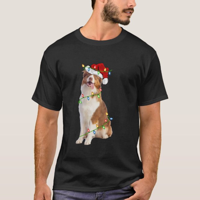Xmas Lights Santa Hat Australian Shepherd Dog Chri T-Shirt (Front)