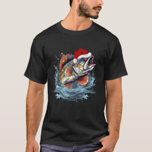 Xmas Lights Santa Hat Bass Fish Fishing Christmas T-Shirt