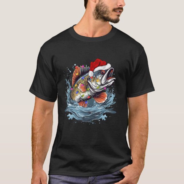 Xmas Lights Santa Hat Bass Fish Fishing Christmas T-Shirt (Front)