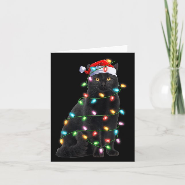 Xmas Lights Santa Hat Black Cat Christmas  Card (Front)