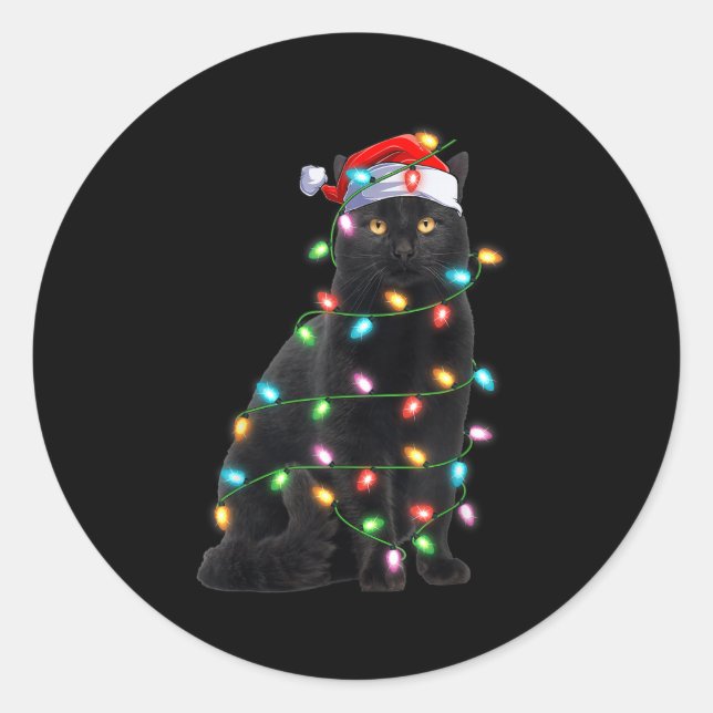 Xmas Lights Santa Hat Black Cat Christmas  Classic Round Sticker (Front)