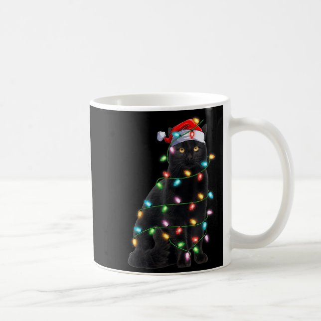 Xmas Lights Santa Hat Black Cat Christmas  Coffee Mug (Right)