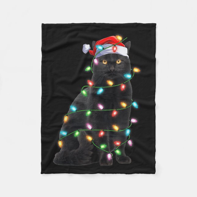Xmas Lights Santa Hat Black Cat Christmas  Fleece Blanket (Front)