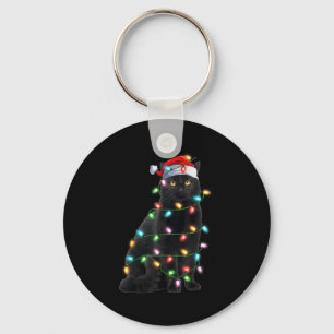 Xmas Lights Santa Hat Black Cat Christmas  Key Ring