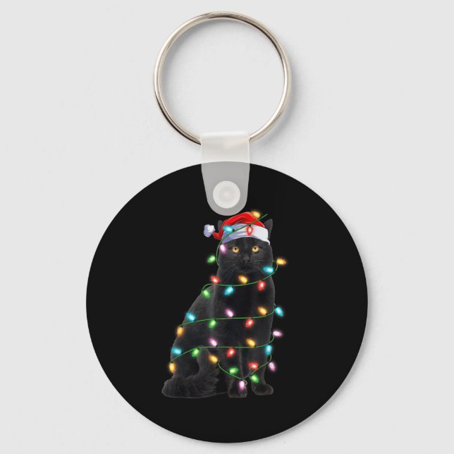 Xmas Lights Santa Hat Black Cat Christmas  Key Ring (Front)