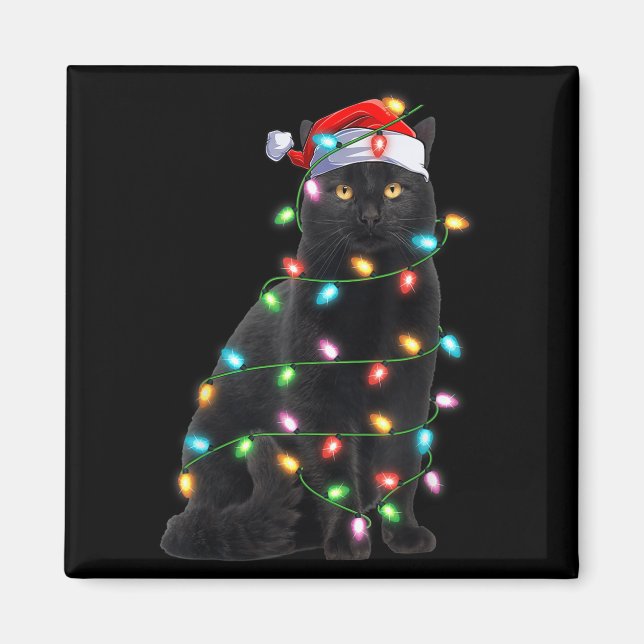 Xmas Lights Santa Hat Black Cat Christmas  Magnet (Front)