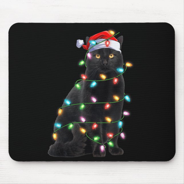 Xmas Lights Santa Hat Black Cat Christmas  Mouse Mat (Front)