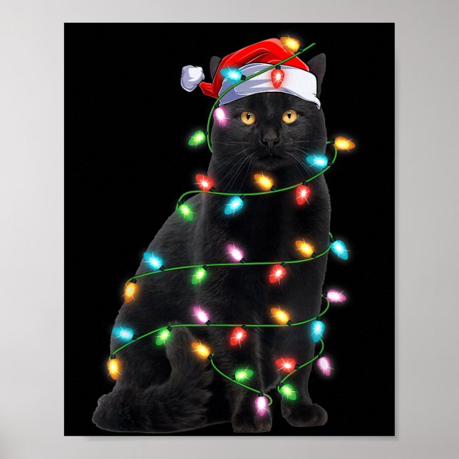 Xmas Lights Santa Hat Black Cat Christmas  Poster (Front)
