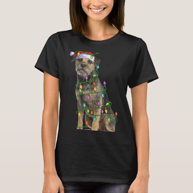 Xmas Lights Santa Hat Border Terrier Dog Christmas T-Shirt (Front)