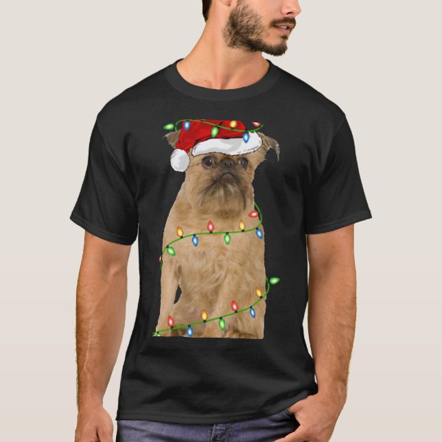 Xmas Lights Santa Hat Brussels Griffon Dog Christm T-Shirt (Front)