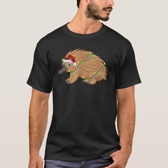 Xmas Lights Santa Hat Echidna Christmas  T-Shirt (Front)